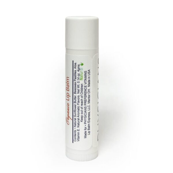 A white tube of lip balm with the label