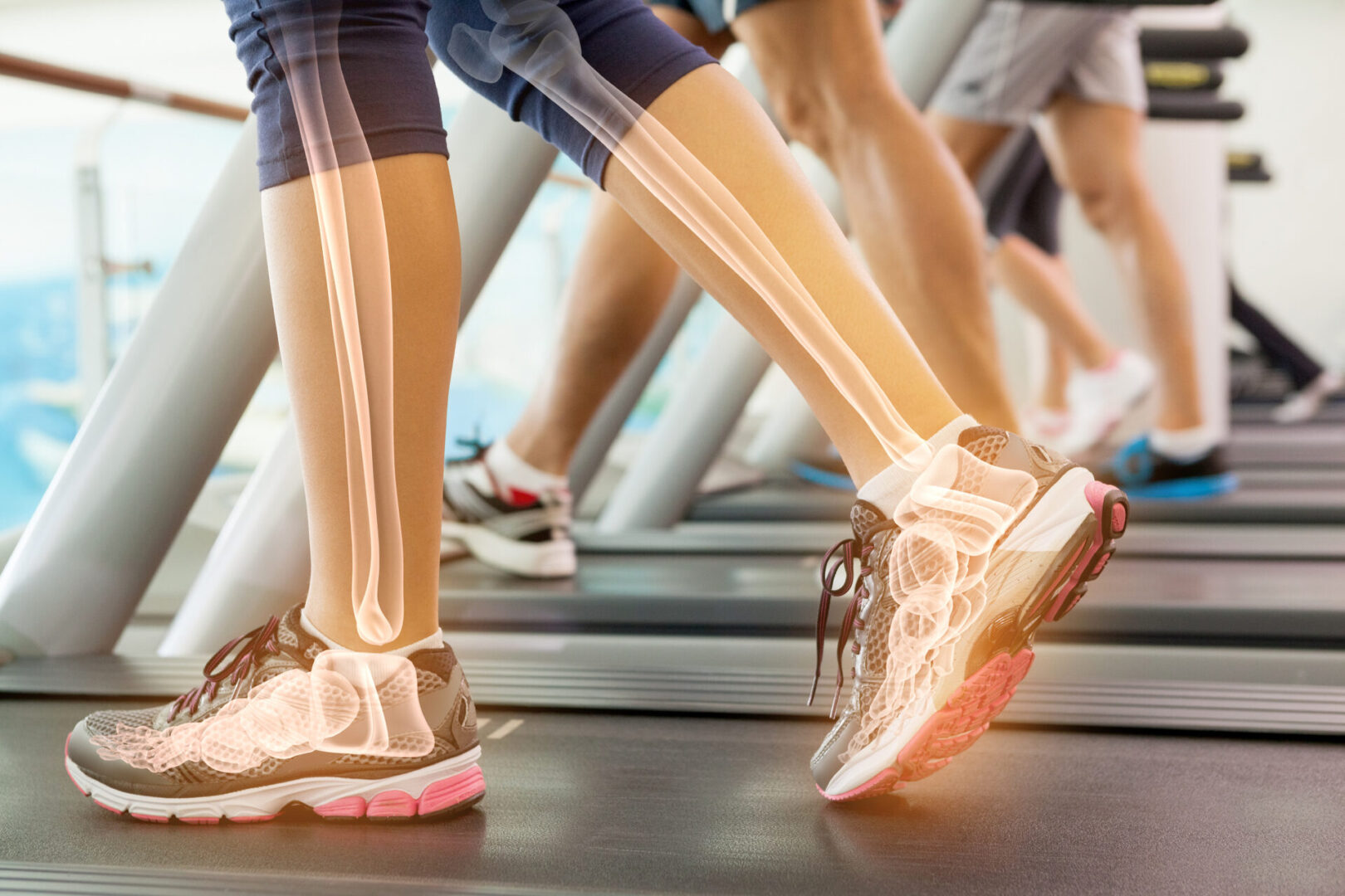 Digital composite of Highlighted ankle of woman on treadmill