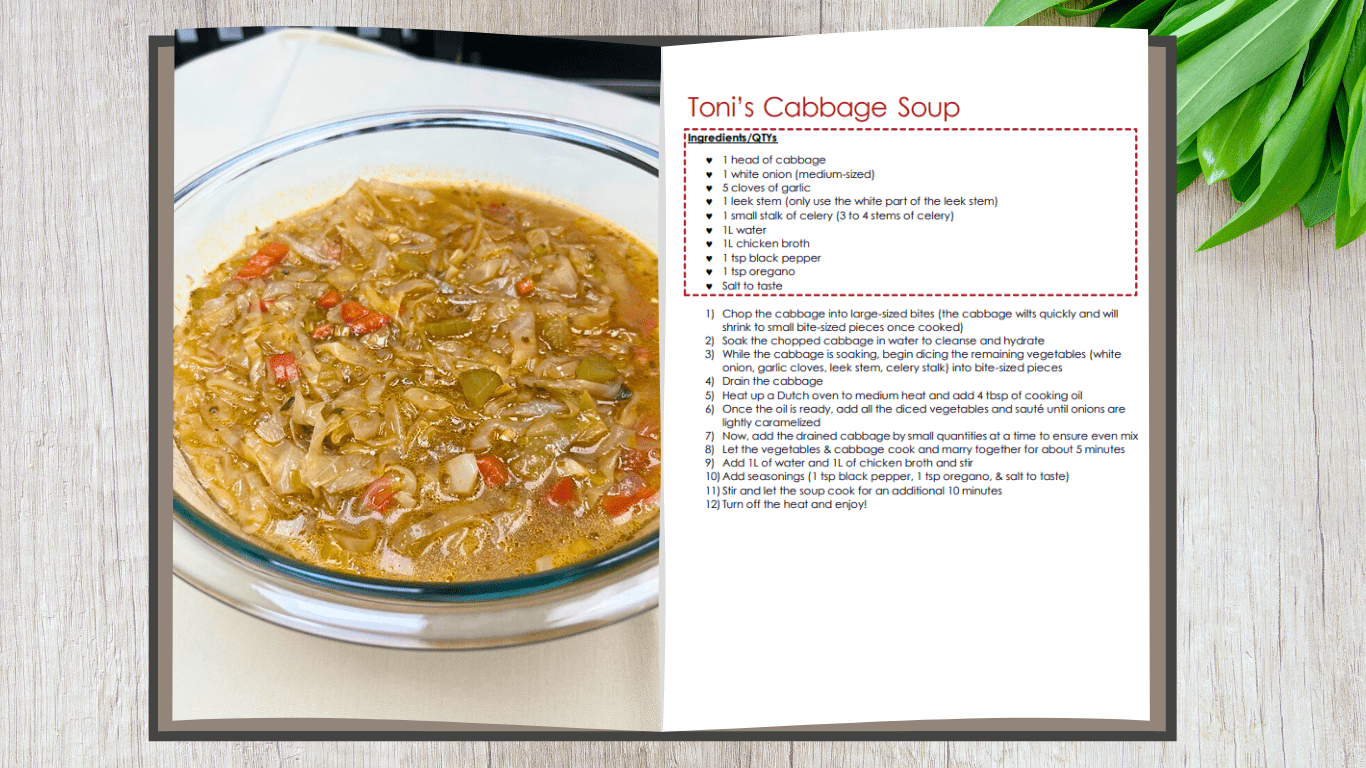 Recipe book with a picture of Ms. Toni's Cabbage Soup and the recipe on the opposite page.