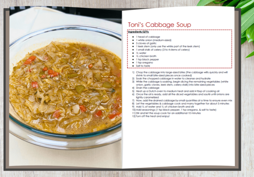 Recipe book with a picture of Ms. Toni's Cabbage Soup and the recipe on the opposite page.