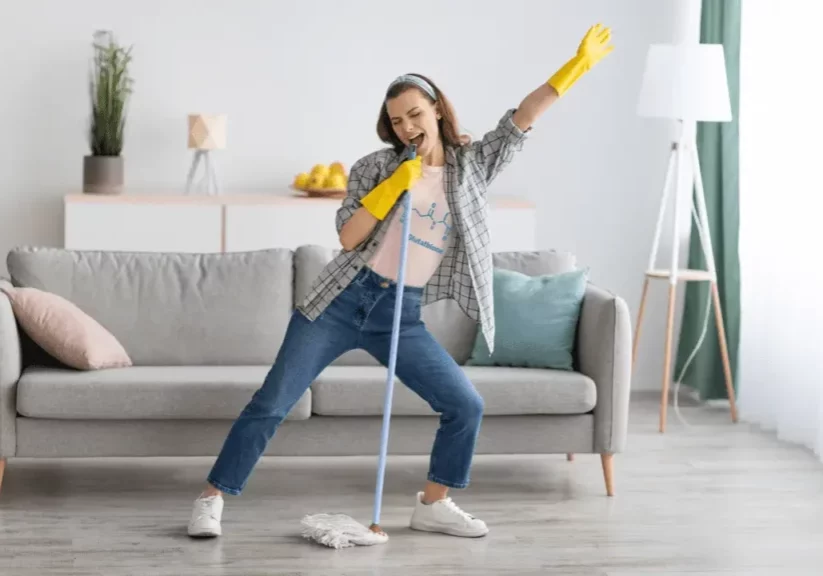 Woman mopping and singing into the mop handle with "glutathione" on her shirt