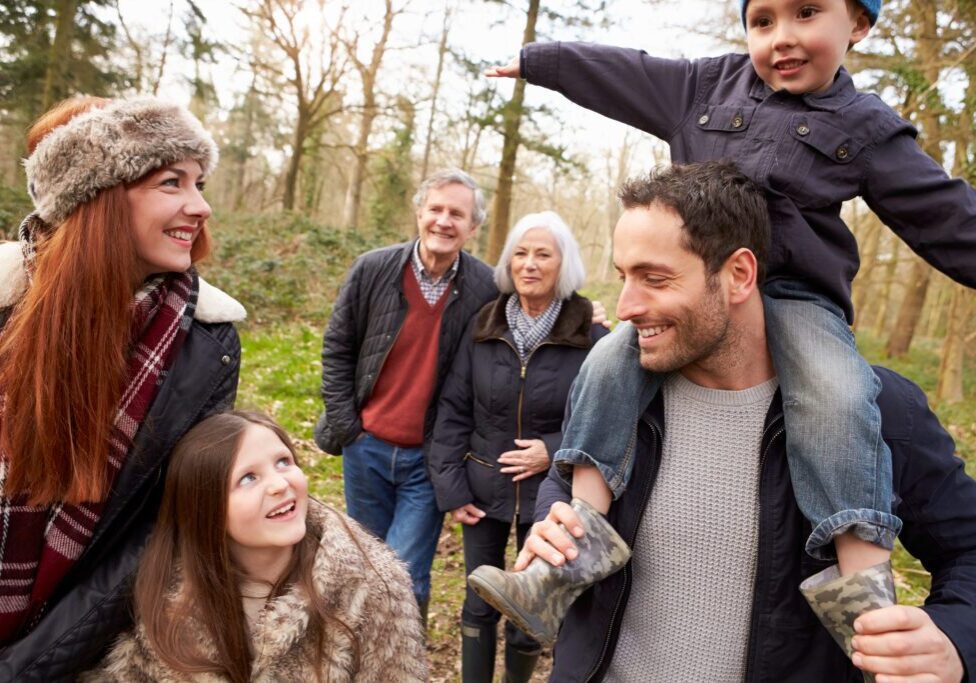 Multi-generation family walks in a countryside