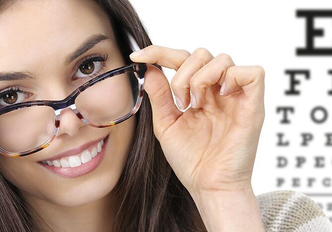 woman wearing eye glasses next to eye chart